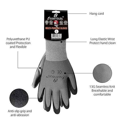 I9 Essentials 12 Pairs MicroFoam Nitrile Coated Work Gloves – Lightweight Grip Safety Gloves for Construction, Gardening, Assembly, Automotive & Warehouse Use (Large)