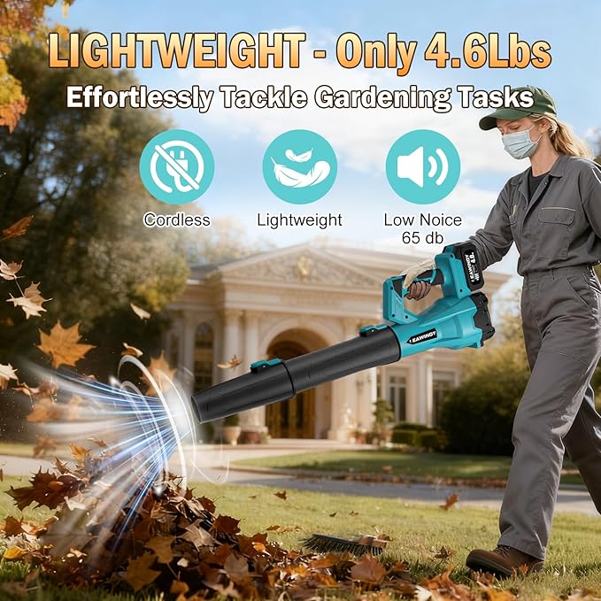 6 Speed Levels Electric Leaf Blower Cordless, 900000RPM Cordless Leaf Blower with 2 X 4.0Ah Batteries and Charger, Leaf Blowers 21V, Battery Lawn Blower for Patio Cleaning, Lawn Care, Blowing Leaves