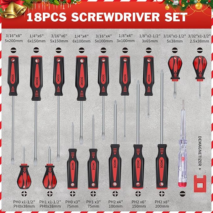 XOOL 18 PCS Magnetic Screwdriver Set with Case, 7 Phillips and 9 Slotted Tips, Professional Cushion Grip Screwdriver Non-Slip for Repair Home Improvement Craft