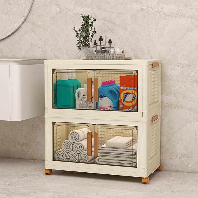 Plastic Stackable Storage Bins with Lids and Wheels, Foldable Closet Organizers and Storage Containers, Collapsible Clear Drawer Storage Cabinet with Doors Ivory White 360 QT