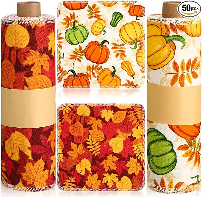 Redbaker 50 Pcs Reusable Paper Towels Paperless Reusable Cotton Cloths Toilet Absorbent Washable Paper Towels with Roll Kitchen Dishcloth for Kitchen Paperless Dishcloths(Pumpkin)