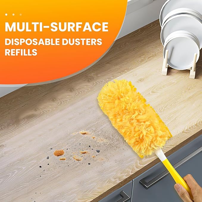 Dusters Refill Compatible with Swiffer Dusters for Cleaning, Feather & Microfiber 360 Heavy Duty Duster Refills for Dusting Furniture, Blinds, Ceiling Fans, Helps Remove Allergens,32 Count+1 Handle
