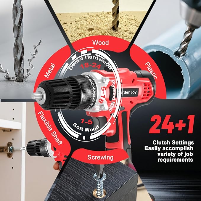 GardenJoy 20v Cordless Drill Set, Power Electric Kit Battery With Charger 30Nm 2-Speed 3/8" Keyless Chuck 24+1 Position Drill Driver screwdriver Bits with LED Electric Work Light for DIY