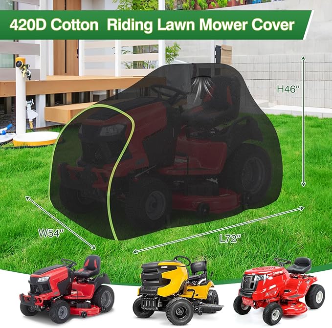 Riding Lawn Mower Cover-Heavy-Duty 420D Cotton Lined Oxford Fabric Waterproof Lawn Tractor Covers, UV Resistant & Includes Storage Bag, All-Weather Outdoor Mower Cover Universal Fits Decks Up to 54"