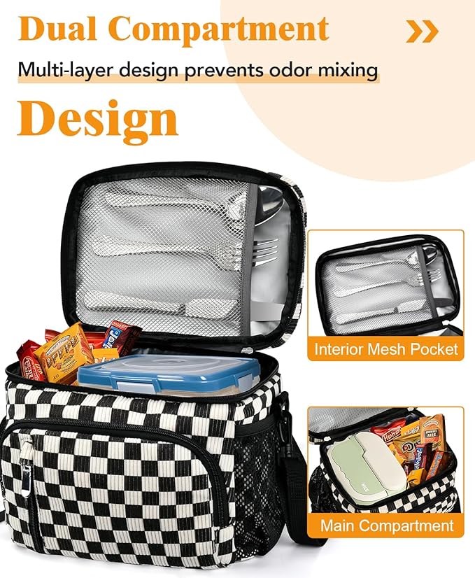 Insulated Lunch Bag for Men & Women - Leakproof Lunch Box Soft Cooler Tote, Adjustable Strap, Reusable Lunch Box for Work Office Picnic Beach Travel-Corduroy Black Checkered