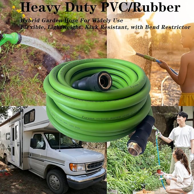 Garden Hose 5/8 in x 25 ft, Hybrid, No Kink, Heavy Duty, Lightweight, Flexible, Male Female Fittings, Handle & 3/4" GHT Solid Brass, 200 PSI (25FT, Green Black)