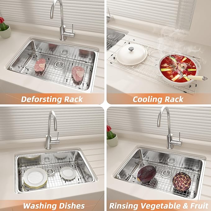 Stainless Steel Sink Rack 28.4" X 14.3",Sink Protector for Kitchen Sink,Sink Grate with Rear Drain Hole for Single Bowl, Metal Sink Grid for Bottom of Sink with Strainer,Corner Radius 0.5",1 Pack