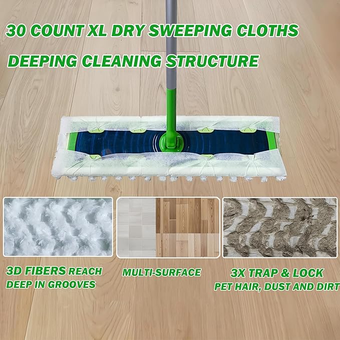 XL Heavy Duty Dry Sweeping Cloth for Swiffer Sweeper XL Mop, XL Disposable Dry Cloth Refills, Pet Hair Dust XL Dry Pad Refills, Extra Large Dry Floor Cloths for Floor Mopping and Cleaning, 30 Count
