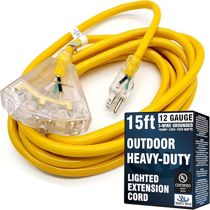 15 ft Outdoor Extension Cord Waterproof - 12 Gauge Heavy Duty Extension Cord Splitter - Lighted Outdoor Extension Cords with Multiple Outlets - Watts Wire - 15' Grounded - extensiones electricas
