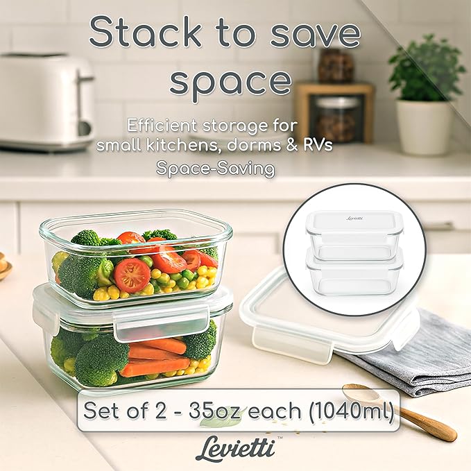 Levietti Glass Food Storage Containers Set of 2 (1040ml/35oz) – Airtight BPA-Free Plastic Lids, Leakproof Borosilicate Meal Prep Containers for Kitchen Organization, Microwave/Oven Safe