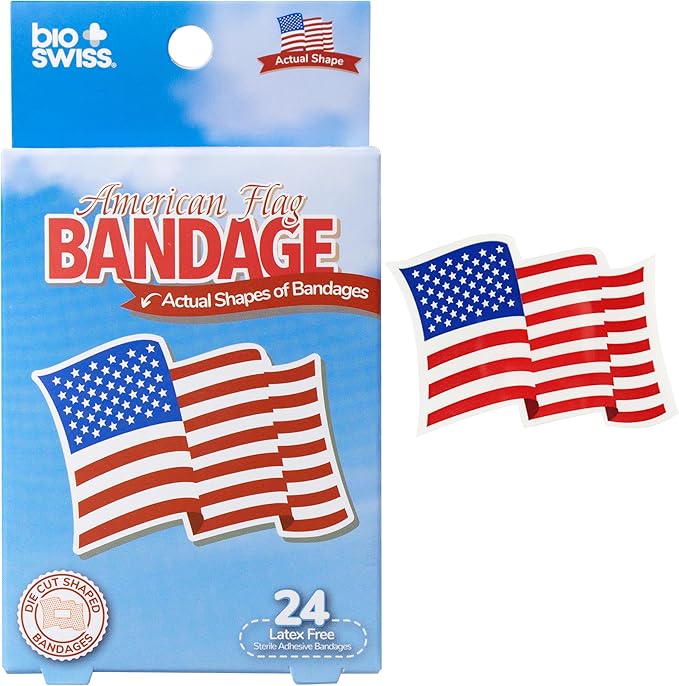 BioSwiss Kids Bandages, American Flag Shaped Self Adhesive Bandage Set, Latex Free, Sterile Wound Cares, 24 Count