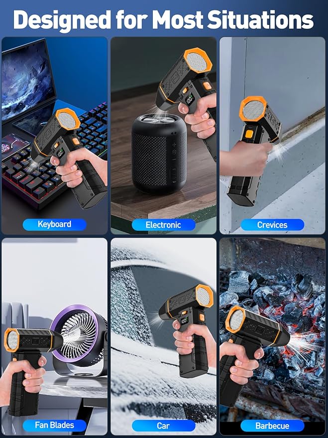 Compressed Air Duster 130000RPM Electric Duster with LED Light, 100 Gear Adjustable Rechargeable Cordless Air Blower Cleaning Tool for Keyboard,Electronic Devices,Car, Christmas Gifts for Men (Orange)