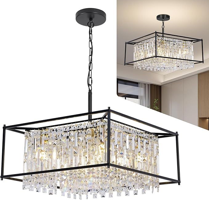 Black Chandeliers for Dining Room, Black Square Lndustrial Chandelier Crystal Pendant Light for Kitchen Island Dining Room Living Room Flat and Inclined Ceiling,L24 x W24 x H17.5