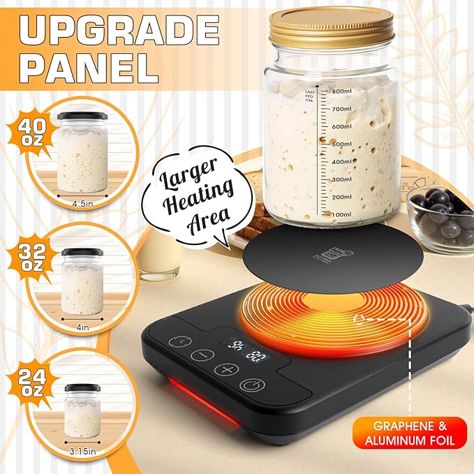 Sourdough Starter Warmer Mat, 12H Timer, Precise 1°F Thermostat Control (70-100°F) Warming Heating Pad, Smart Memory Warming On/Off, Fits Jars Up to 40oz, Perfect for Home Baking (Black)