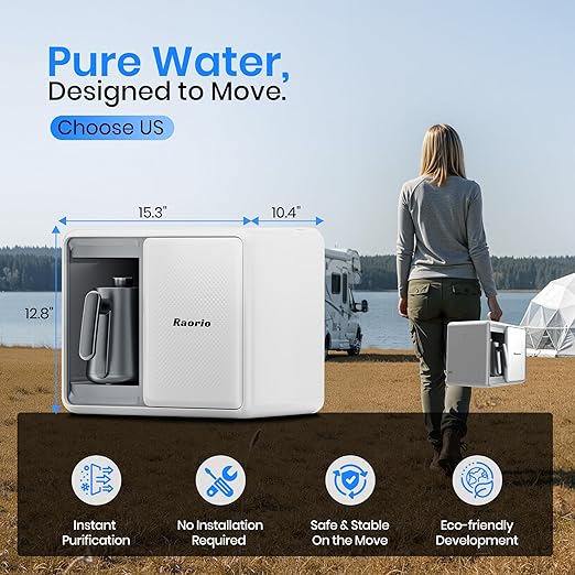 RP001W Portable Water Filter Reverse Osmosis Countertop, 5 Stage UV RO Filtration 1.06 Gal Water Tank,304 Stainless 0.8L Heating Kettle, Portable Water Purifier Dispenser for RV/Travel/Home, White