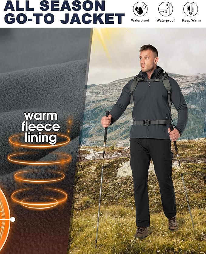 33,000ft Men's Hooded Softshell Jacket Waterproof Lightweight Insulated Windbreaker Fleece Lined Rain Shell Jacket