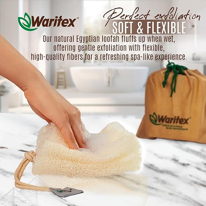 Waritex Premium Natural Egyptian Loofah Sponges, Made from 100% Natural Organic Material, Gentle Skin Exfoliation, and Full-Body Spa Experience – Eco-Friendly Loofah 2 Count (1 Pack)