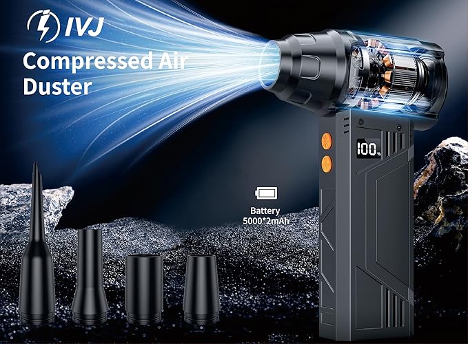 IVJ Compressed Air Duster, 180000RPM Super Power Cordless Electric Air Duster with LED Light Rechargeable 4 Gear Adjustable Mini Air Duster, Dust Blower for Computer, Keyboard, House, Outdoor and Car