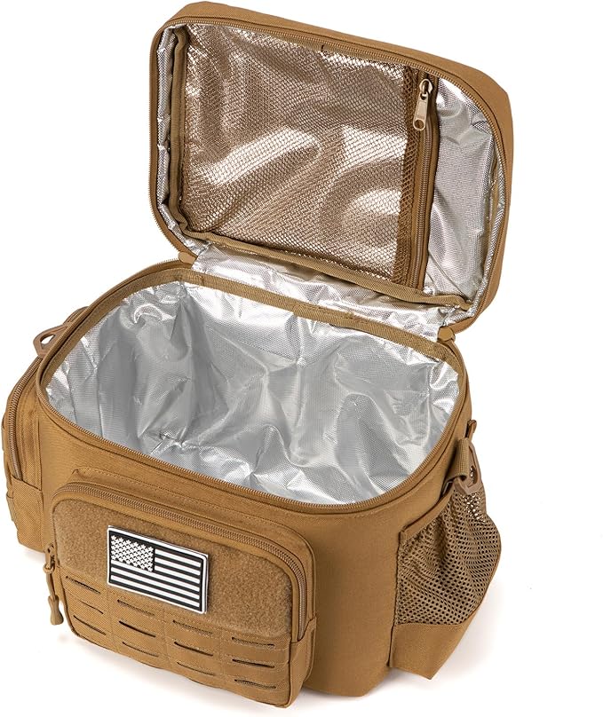 QT&QY Tactical Lunch Bag for mens Military heavy duty lunch box work Leakproof insulated Durable Thermal Cooler Bag for Adult Meal for Office Camping Picnic Pail MOLLE Webbing Khaki