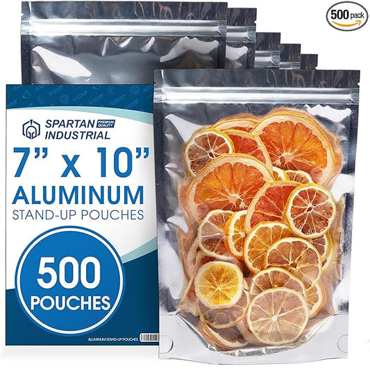 Spartan Industrial - 7" X 10" Aluminum Stand-Up Pouches - Pack of 500 Resealable Silver Bags for Smell-Proof Food Storage and Packaging, Cosmetics, Handmade Goods, and More