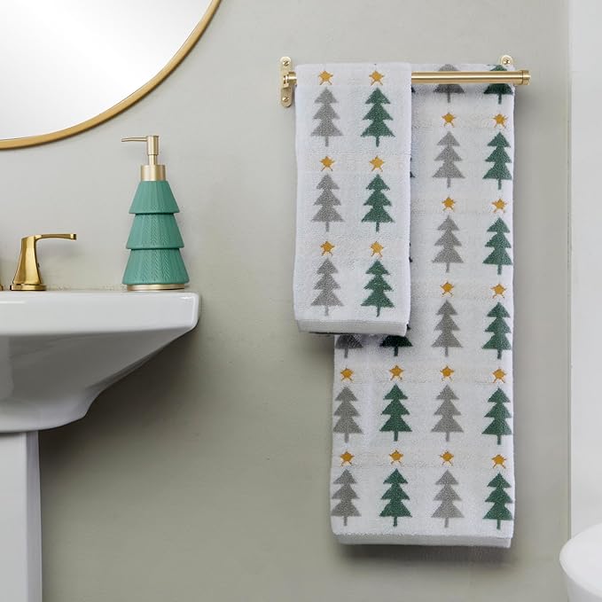 SKL Home Christmas/Winter Multi Trees 100% Cotton Premium 2-Piece Hand Towel Set, 500 GSM, Reversible Jacquard, Soft & Absorbent, Decorative for Bath/Kitchen/Bar, Multi