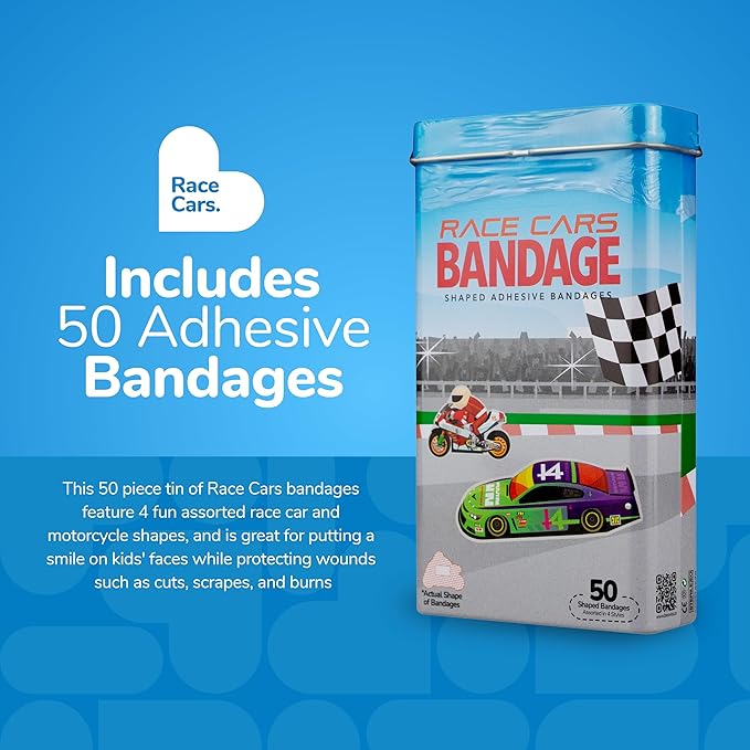 BioSwiss Kids Bandages, Race Cars Shaped Self Adhesive Bandage Set, Latex Free, Sterile Wound Care, 50 Count
