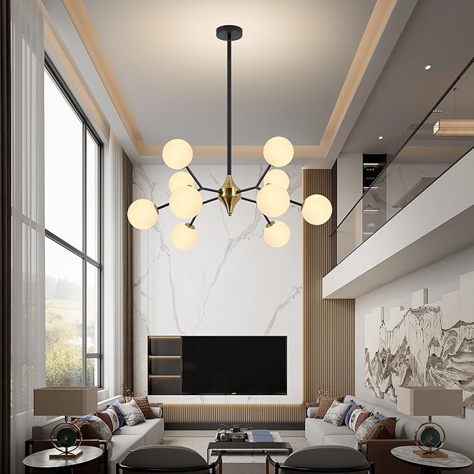 COCOSTAR Dining Room Chandelier, 10 Lights Modern Ceiling Light Fixture, Sputnik Chandelier, Chandeliers Over Table, Milk Globe, Black and Gold, G9 Base