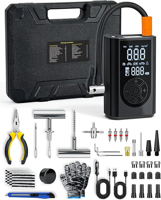 Tire Repair Kit with Portable Air Compressor, Tire Plug Kit 58PCS with Cordless Tire Inflator (150 PSI) for Car, Motorcycle, Tractor, Truck, Ball