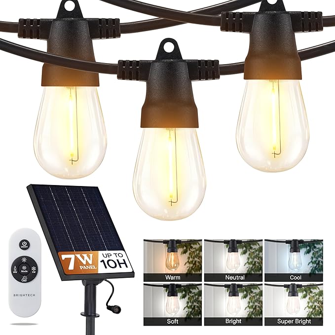 Brightech 104 (52x2) FT Ambience Pro Solar Powered Outdoor LED String Lights - Waterproof Remote Control Lights - 48 Bulbs, 7W Solar Powered Color Changing White Light for Camping, Patio, Garden