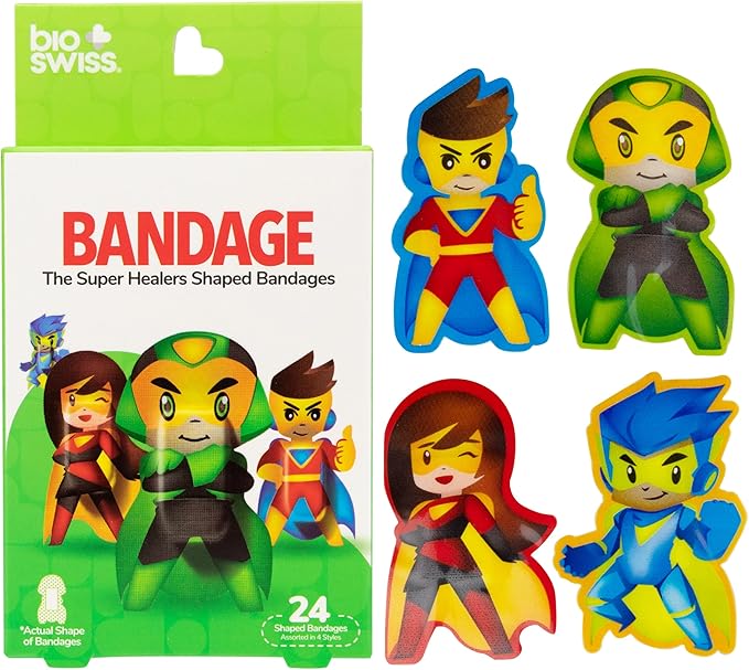BioSwiss Kids Bandages, Super Healers Superhero Shaped Self Adhesive Bandage Set, Latex Free, Sterile Wound Care, 24 Count