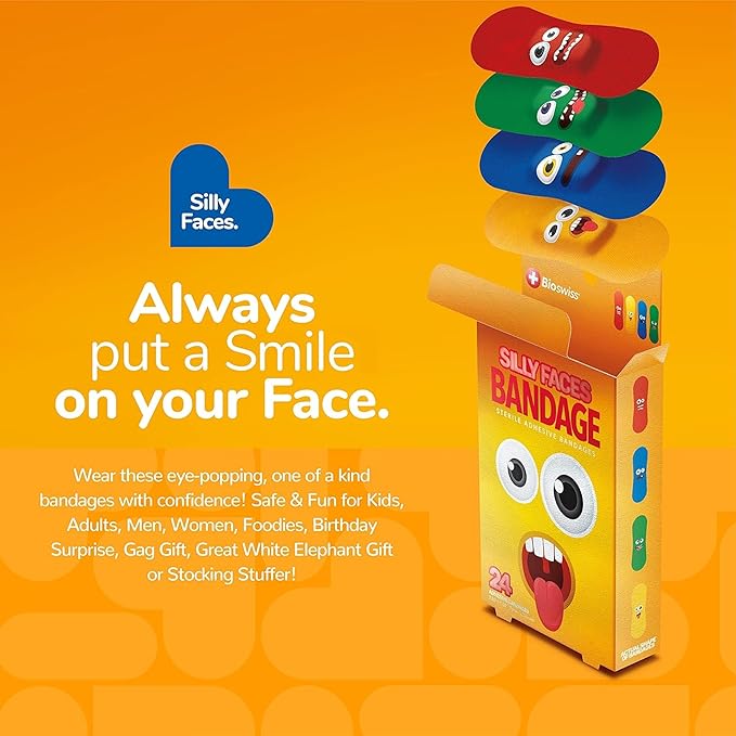 BioSwiss Kids Bandages, Silly Faces Shaped Self Adhesive Bandage Set, Latex Free Sterile Wound Care, 24 Count
