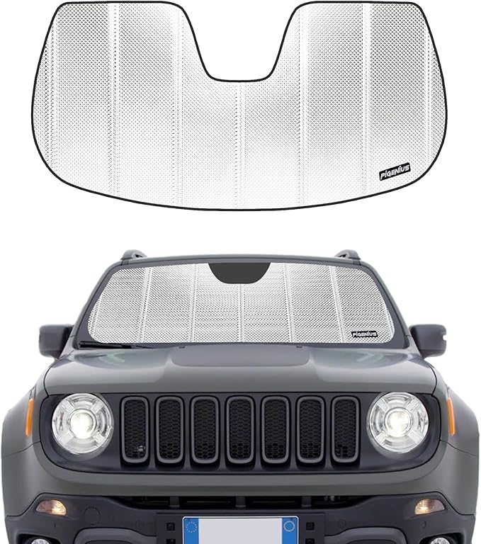 Windshield Sun Shade for Jeep Renegade 2015-2023 with Rearview Mirror Camera Option. Reflective Aluminum Film Front Window Sunshade - BLAZBLOCK