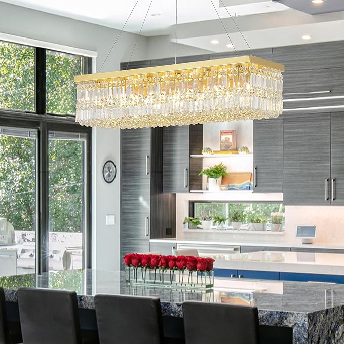 Gold Rectangular Crystal Chandelier 18-Light, Premium K9 Raindrop Chandelier with Adjustable Suspension Chain, Dimmable Hanging Light for Spacious Living Room, Grand Dining Room, 40" L x 10" W
