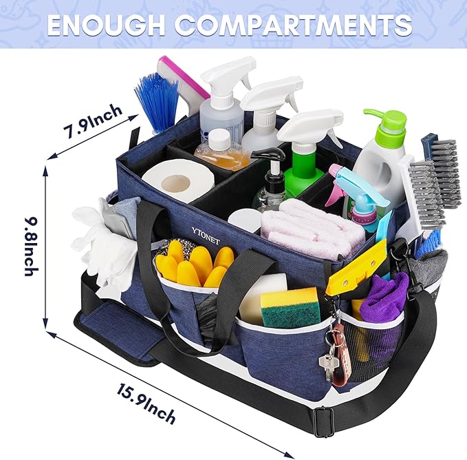Ytonet Wearable Cleaning Caddy Bag, Large Cleaning Supplies Organizer with 4 Foldable Dividers, Caddy Organizer with Handle & Shoulder Strap & Waist Strap for Cleaners & Housekeepers, Black Grey