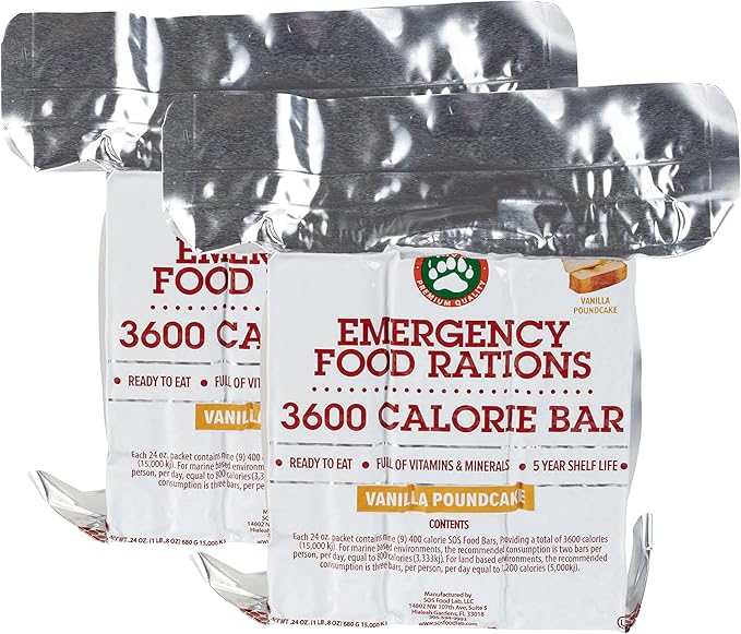 Emergency Food Rations- 3600 Calorie Vanilla Bars (2 Pack) - 6 Day, 144 Hour Supply For Disaster, Hurricane, Flood Preparedness - Less Sugar, More Nutrients - 5 Year Shelf Life