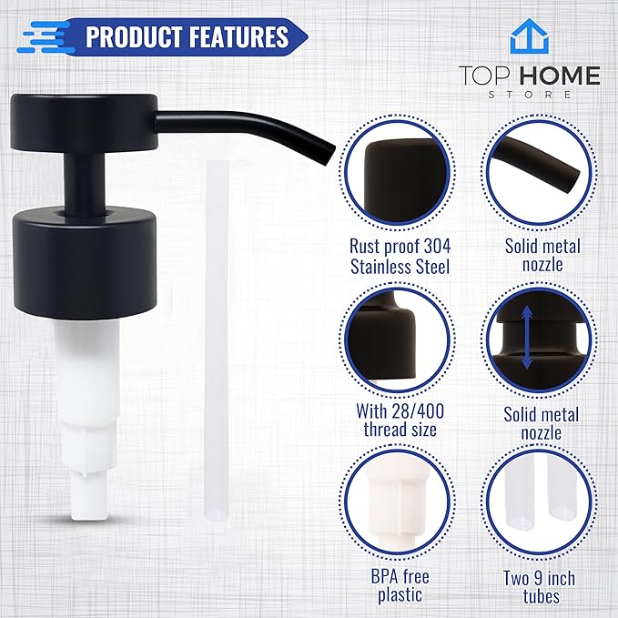 Elegant Flat Top Stainless Steel Soap and Lotion Dispenser Pumps (Black Matte, 4 Pack)