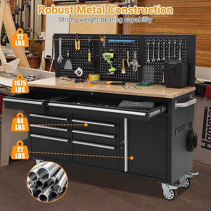 Heavy Duty 61 in Tool Chest Cabinet, Mobile Garage Workbench with 10 Drawers and Power Strip, Rubber Wood Worktop, 1675 LBS Load, Rolling Tool Storage Organizer for Mechanic, Shop or Home Use
