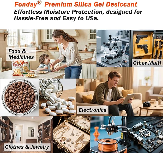 16Packs x 100Gram Fonday Rechargeable Silica Gel Desiccant Packets Food Grade Fast Reactivate Desiccant Bags Moisture Indicating Orange to Green for Food Storage, Electronics, 3D Filament & Safes