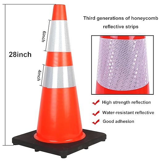 Reliancer 6PCS 28" Traffic Cones PVC Safety Road Parking Cones with Black Weighted Base w/6"&4" Reflective Collars Fluorescent Orange Hazard Cones Construction Cones for Traffic or Home Improvement