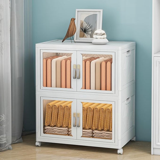 Large Clear Stackable Storage Bins with Lids, Foldable Storage Cabinet for Closet Organizers and Storage, Plastic Storage Box with Wheels 199 QT