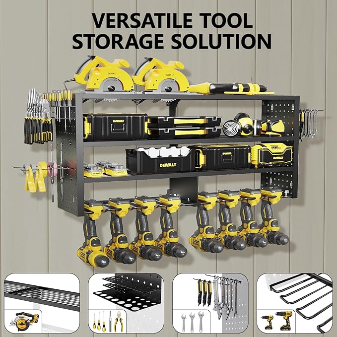 Large Power Tool Organizer Wall Mount, 4 Layer Garage Storage Cordless Tool Organizer with 8 Drills Holder, Heavy Duty Premium Metal Load 400 lbs, Ideal Garage Organization Gifts for Men