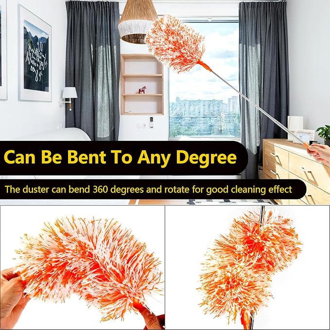 20-49inches Extendable Microfiber Feather Duster with 10pcs Replaceable Heads, Extra Long Bendable Duster for Cleaning, Electrostatic Dust Remove for Furniture, Ceiling, Window,etc (Orange)