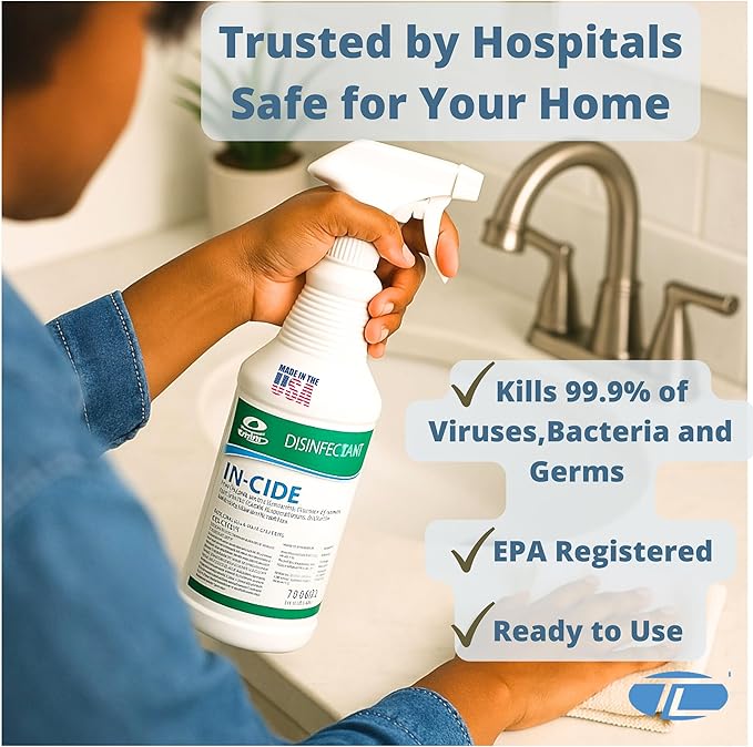 In-Cide Disinfectant Spray EPA Registered Kills 99.9% of Germs Norovirus MRSA – Multi Surface Cleaner for Homes Schools Hospitals Fresh Scent 32 oz 2 Pack