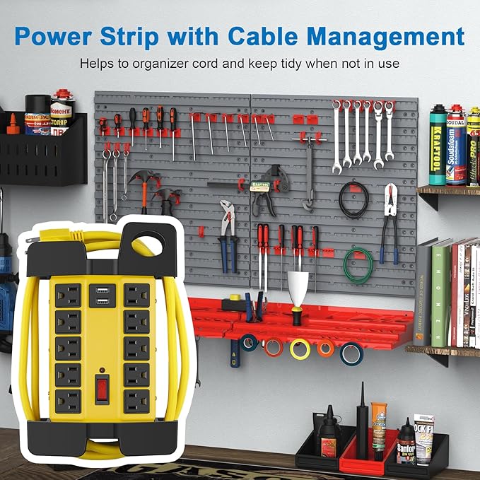 CCCEI Heavy Duty Power Strip with USB Ports, Garage 10 Outlets Surge Protector 2700 Joules, Industrial Workshop Metal 15Amp Multiple Outlets, 6 FT Extension Cord and Wide Spaced Yellow.