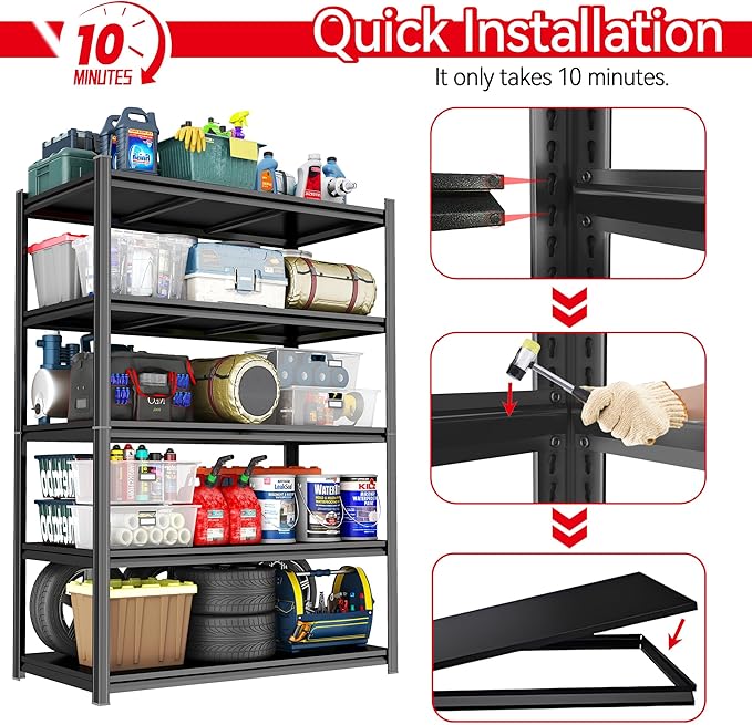 71.2"H 5-Tier Adjustable Storage Shelf, Steel Shelving, 2500 lbs Capacity, Heavy Duty Metal Garage Shelving Unit, Industrial Shelves for Heavy Tools and Equipment, Ideal for Garage, Basement, Black