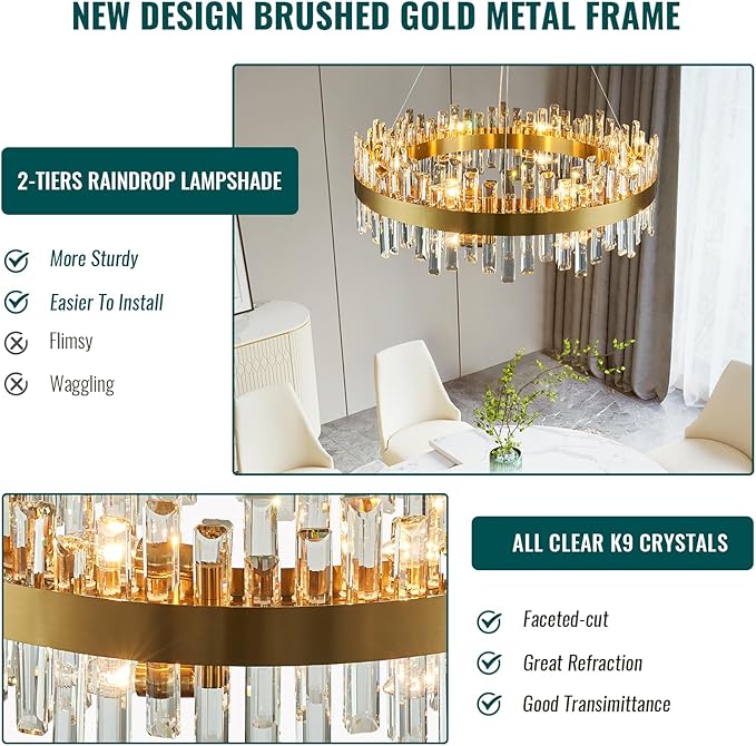 Siljoy Modern Crystal Chandelier 16 Lights Brushed Gold 2-Tiers K9 Crystal Raindrop Chandelier Luxury Dimmable Crystal Pendant Ceiling Light for Living Room Dining Room Entryway Foyer D31.5''