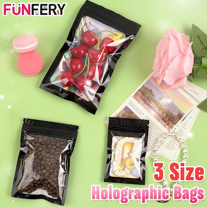 Funfery 300 Pack 3 Size Mylar Holographic Bags with Clear Window,Resealable Bag Smell Proof Bags Zipper Foil Baggie Packaging Pouch for Food Storage,Sample,Small Business(Black,3x4.7,4x6,4.7x7.9in)