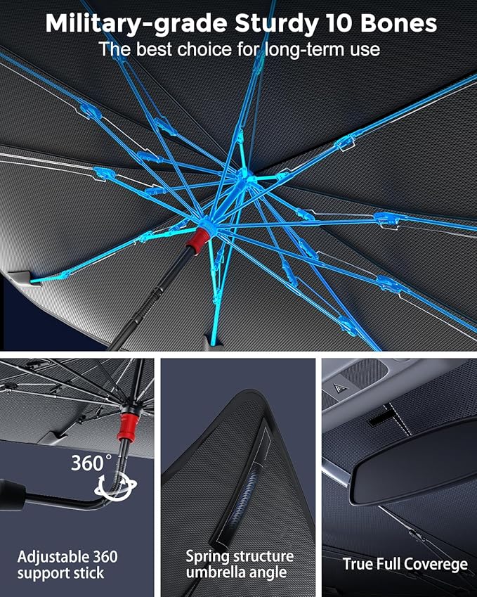[2025 Updated] Bolamp Car Windshield Sun Shade, [Effective Keep Cool] Spring Structure Umbrella Sunshade for Automobile Windshield, Protect Cars Interior from Sun Rays, Heat Damage - Large