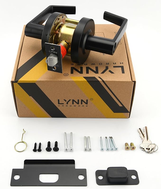 LYNN HARDWARE Commercial Door Lever Lock - Heavy-Duty Locking Door Handle, Designer Door Handles, Cylindrical Lever Lock, Non-Handed Grade 2 Door Handle, Matte Black, Entrance Keylock w/Clutch