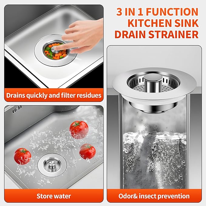 3-in-1 Kitchen Sink Drain Strainer with Bounce Core - Universal Stainless Steel Drain Stopper，Easy to Install & Clean, Upgraded Design